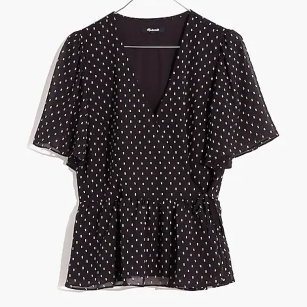 Madewell Flutter-Sleeve Peplum Wrap Top in Clipdot - M